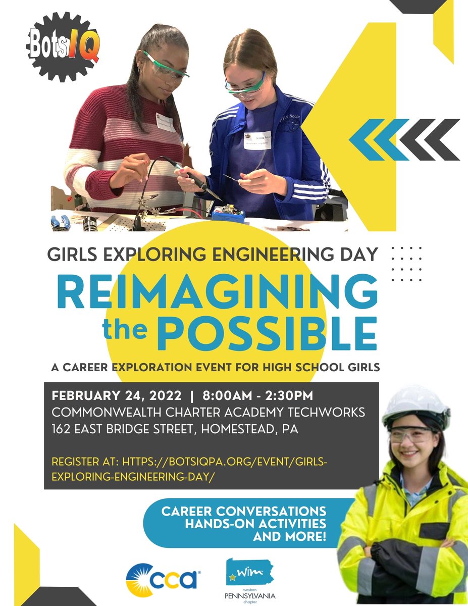 Calling all SWPA high school girls!  #BotsIQ is teaming up with <a href="/WomeninMFG/">Women in Manufacturing (WiM)</a> and <a href="/CommCharterAcad/">Commonwealth Charter Academy (CCA)</a> TechWorks to host "Girls Exploring Engineering" Day!  

Hands-on activities and career conversations included!

Learn more at: botsiqpa.org/events/girls-e….

#engineering #manufacturing