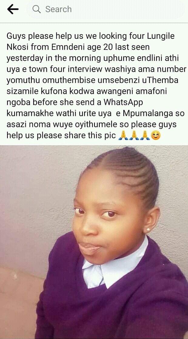 Her name is Lungile Nkosi age 20 years is gone missing to go do an interview 
So sad 💔
RT pls until she is found 

Cassper 
Naak
Inno
Zola
Thembi
Missionary 
Mpura
#kuku
#MakotiAreYouTheOne 
#DJSBU 
Khathu
Oskido