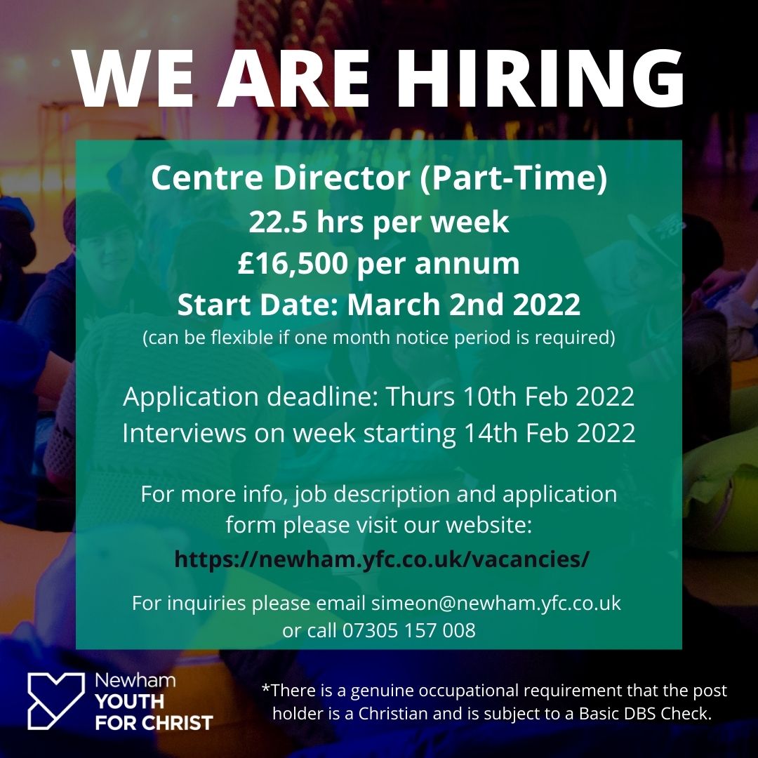 ❗️❗️We are hiring❗️❗️

A great opportunity for someone who has a heart to serve God and young people in the heart of East London. 

Please see our website for more info, job description and application.

newham.yfc.co.uk/vacancies/ 

PLEASE SHARE! 🙏
