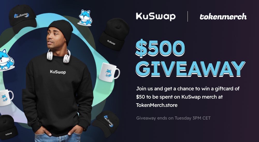 🎉 Whoohoo! In celebration of our upcoming launch of KuSwap merch on TokenMerch.store, we are giving away 10 x $50 giftcards.

✨ To participate:
1. Follow <a href="/kuswapfinance/">KuSwap Finance - (v3 is LIVE 🔥)</a> and <a href="/tokenmerchstore/">TokenMerch</a>
2. Like
3. Retweet

The giveaway ends on Tuesday 18th of January 3PM CET.