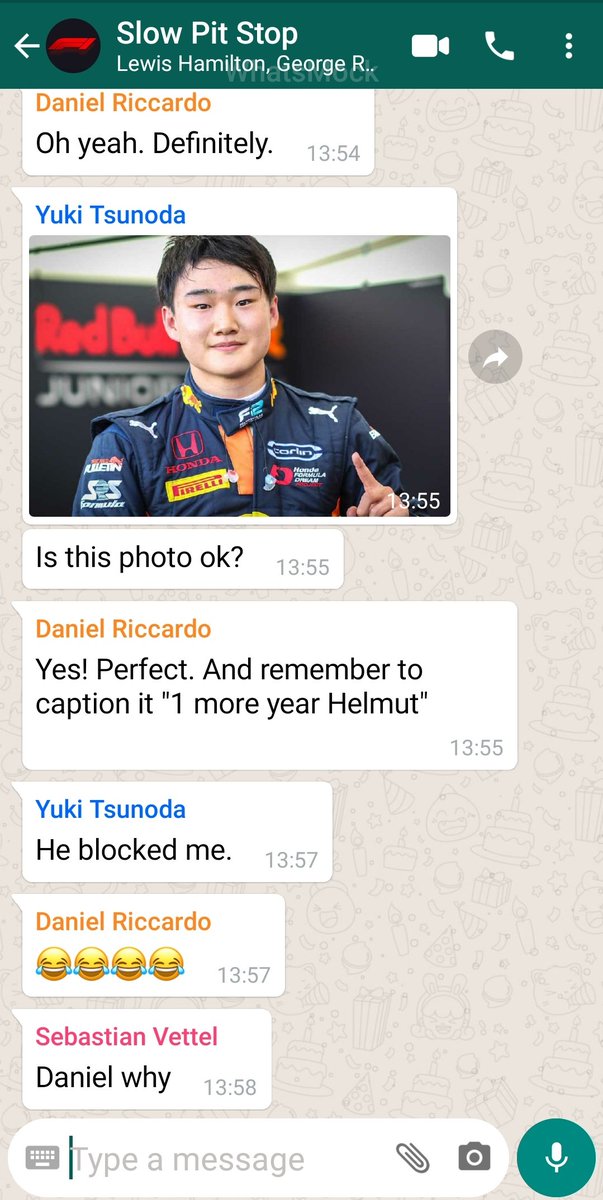 SlowPitStop's tweet photo. More leaked texts from the drivers! What mischief is that @danielricciardo up to now?

#SlowPitStop #LeakedTexts #RedBull https://t.co/1ieySWNd7W