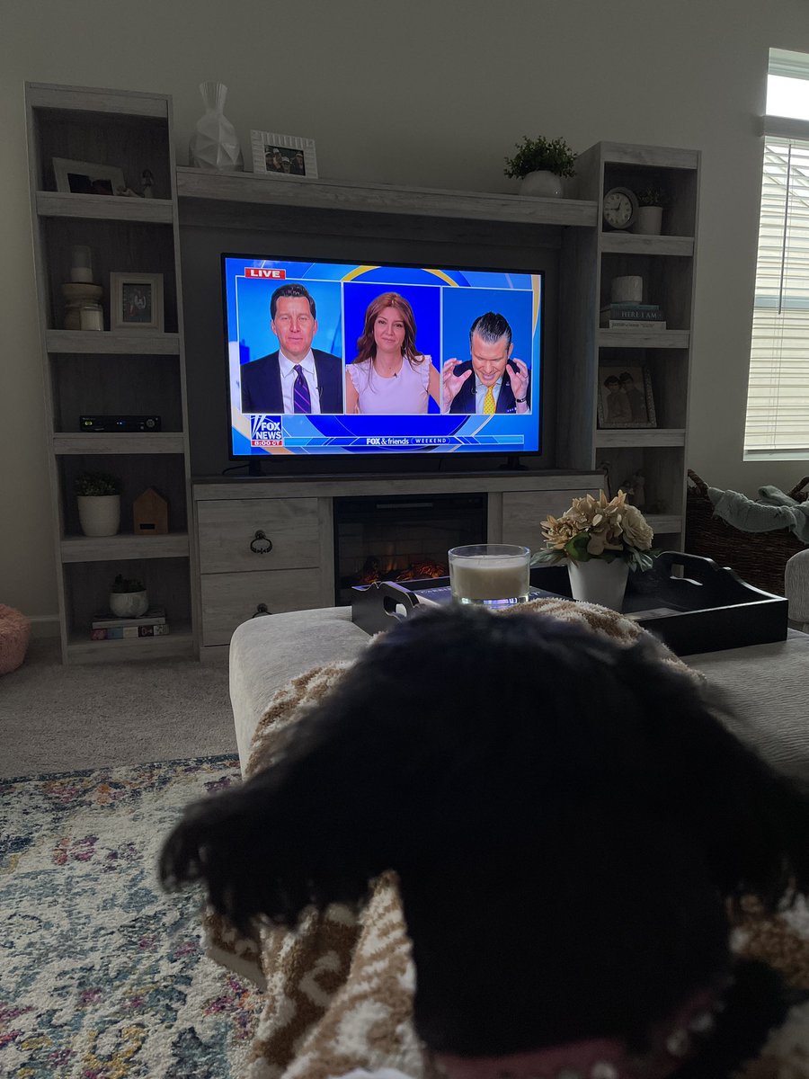 jamiesherrill's tweet photo. We are snuggled up this morning, watching @foxandfriends, and waiting for the winter storm that’s on its way. ❄️ Managed to catch Pete in action… 🤣 @willcain @RCamposDuffy https://t.co/KSp7G63toq