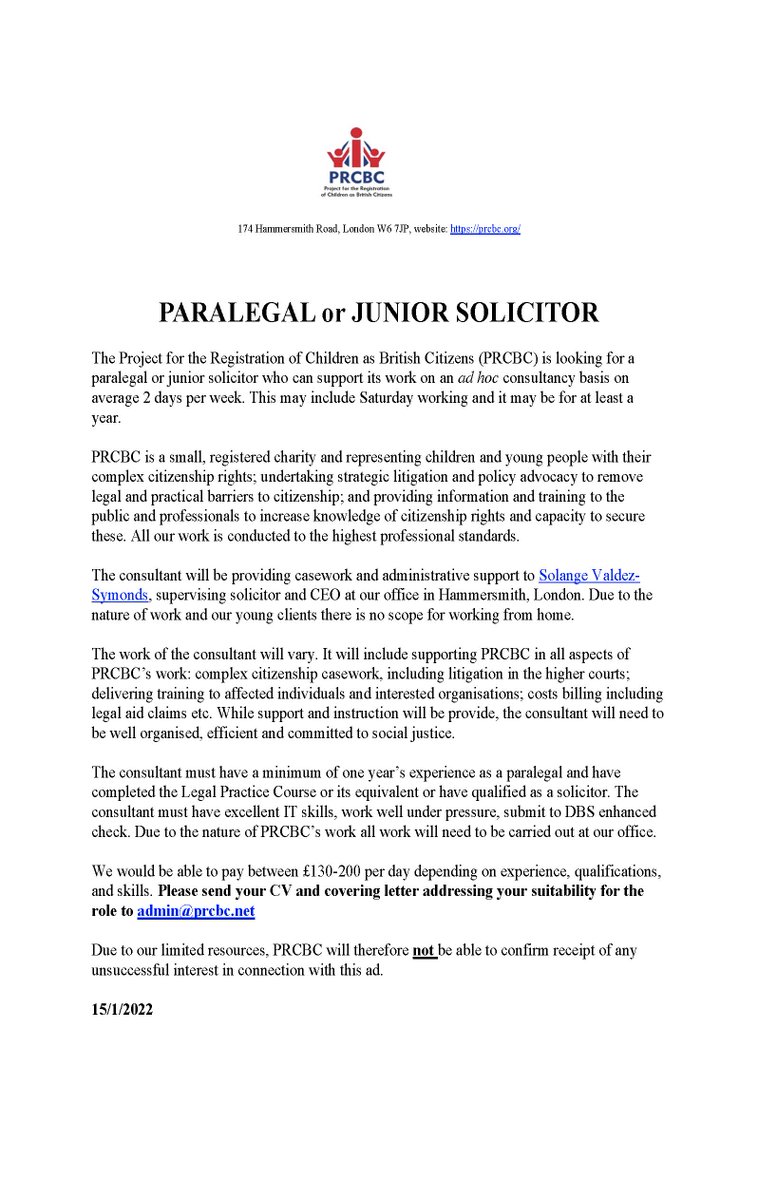 Solange Valdez-Symonds (@solange_valdez) on Twitter photo Consultant Paralegal/Junior Solicitor needed on an ad hoc basis to support me with <a href="/PRCBC1/">PRCBC: Children's Rights to British Citizenship</a> complex British citizenship applications, higher court strategic litigation work etc. For more information:👇🏽
prcbc.org/vacancies/ Consultant Paralegal/Junior Solicitor needed on an ad hoc basis to support me with <a href="/PRCBC1/">PRCBC: Children's Rights to British Citizenship</a> complex British citizenship applications, higher court strategic litigation work etc. For more information:👇🏽
prcbc.org/vacancies/
