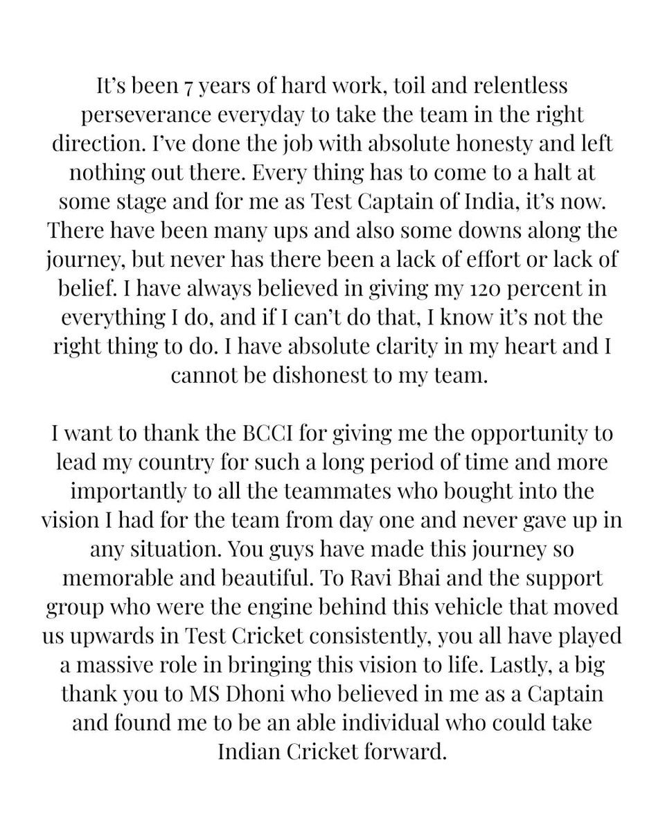 The contribution which u hv given for the game &amp; country is unimaginable,Thank U for everything that u hv done as a captain to lead.Test cricket will miss a great captain, a true leader who had the determination to win test matches in abroad U will always Be My Captain <a href="/imVkohli/">Virat Kohli</a>