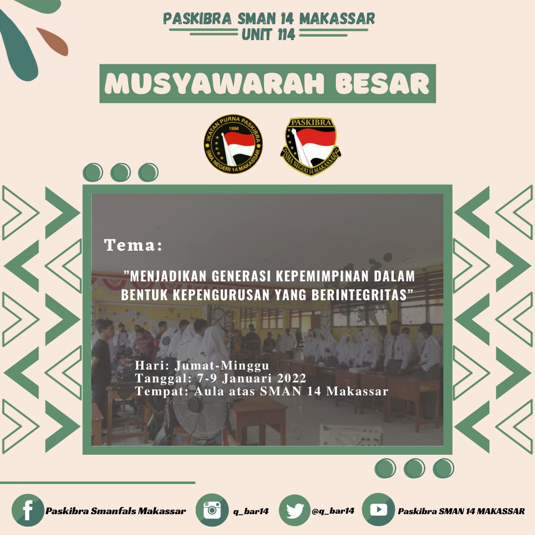 Q_bar114's tweet photo. [MUSYAWARAH BESAR]

Assalamualaikum Wr.Wb.
Salam Paskibra!!

Telah terlaksana kegiatan “MUSYAWARAH BESAR” Dengan tema Menjadikan Generasi Kepemimpinan Dalam Bentuk Kepengurusan yang Berintegritas. pada: https://t.co/4zH3QDRmup