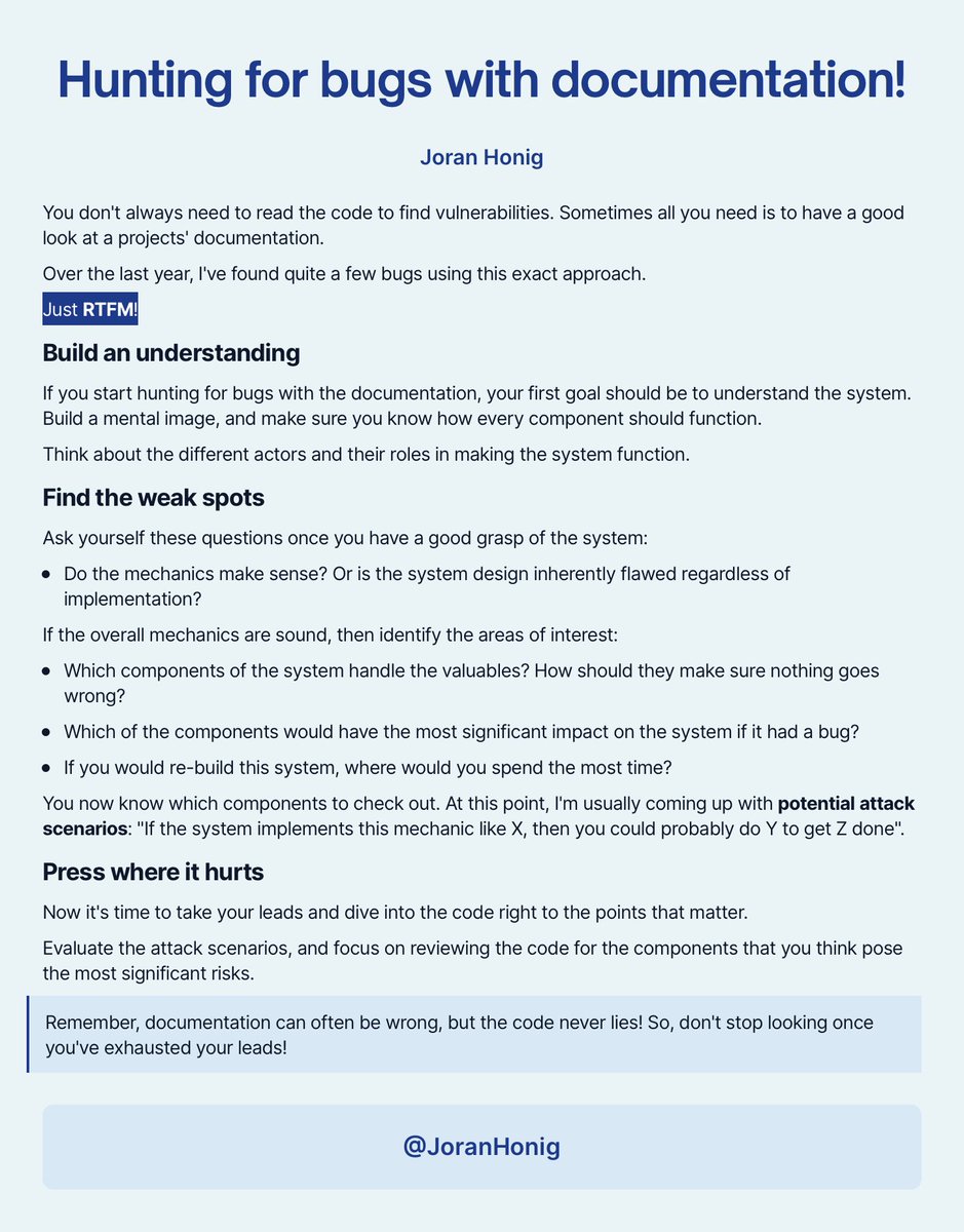 Some people start their bug hunting by jumping right into the code. I usually don't. Starting with the documentation focuses your code review and helps you go right for the parts that matter!