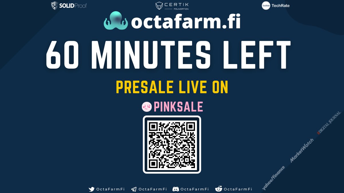 #OctaFarm Last 60 mins left to go Live on PinkSale.
Staking pools will be live once presale ends.

App: app.octafarm.fi/#/bsc 
✅ Audit Partner: Certik/SolidProof

🔥Join Presale: pinksale.finance/#/launchpad/0x…

$OCTF #BNB #bsc #binance #compoundstaking #autocompounding #staking