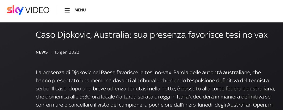«La presenza di Djokovic nel Paese favorisce le tesi no-vax».

Australia. Una presenza favorisce una tesi. Su queste basi, può delegittimarsi qualunque cosa o individuo che non sia in linea con il governo di turno.

A me questa deriva appare preoccupante, anche se accade altrove.