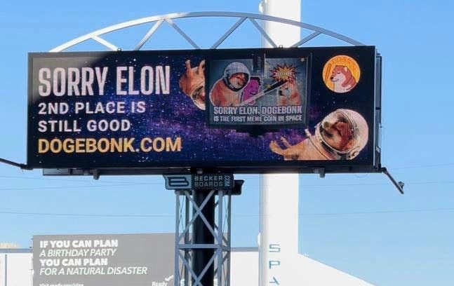 Wow what an incredible billboard, spectacular display!! 😱😱😱

Situated outside of the <a href="/SpaceX/">SpaceX</a> factory in Hawthorne, CA 🚀🚀🚀

I am honoured to share my #billboard passion with the $DOBO community

#DogeBonk #DOBO #SorryElon #BonkSquad #BNB #100xGem #BSCGem