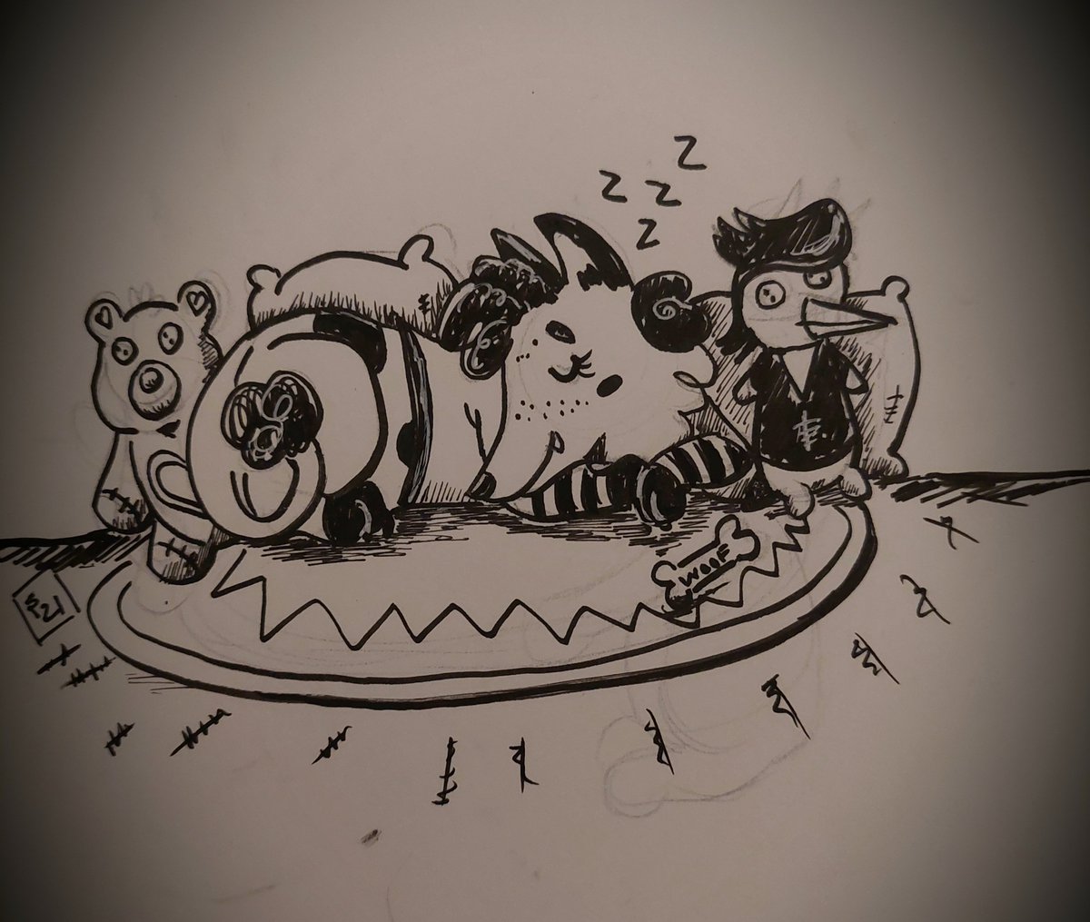 sombrashibe's tweet image. As sassy as Fraida is, she can be scared. She hates loud noises and the dark. Poor girl also lives alone in the woods (after her family was "stolen"). Spam looks like her old penguin plush and Cyber City is LOUD. 
*old doodles*
#spamton #lesserdog #DELTARUNE