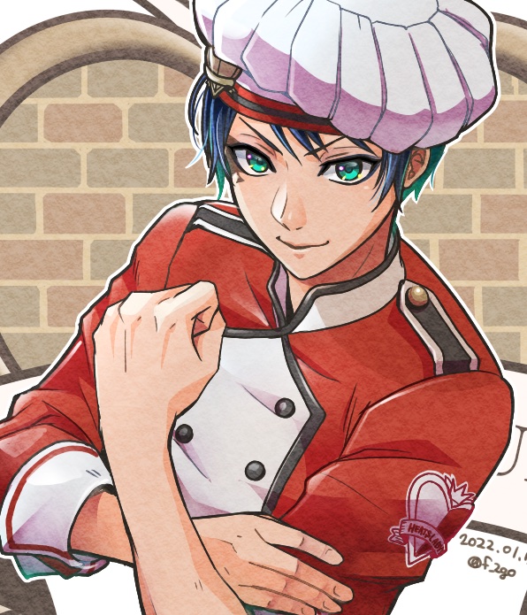 1boy solo male focus hat blue hair chef smile  illustration images