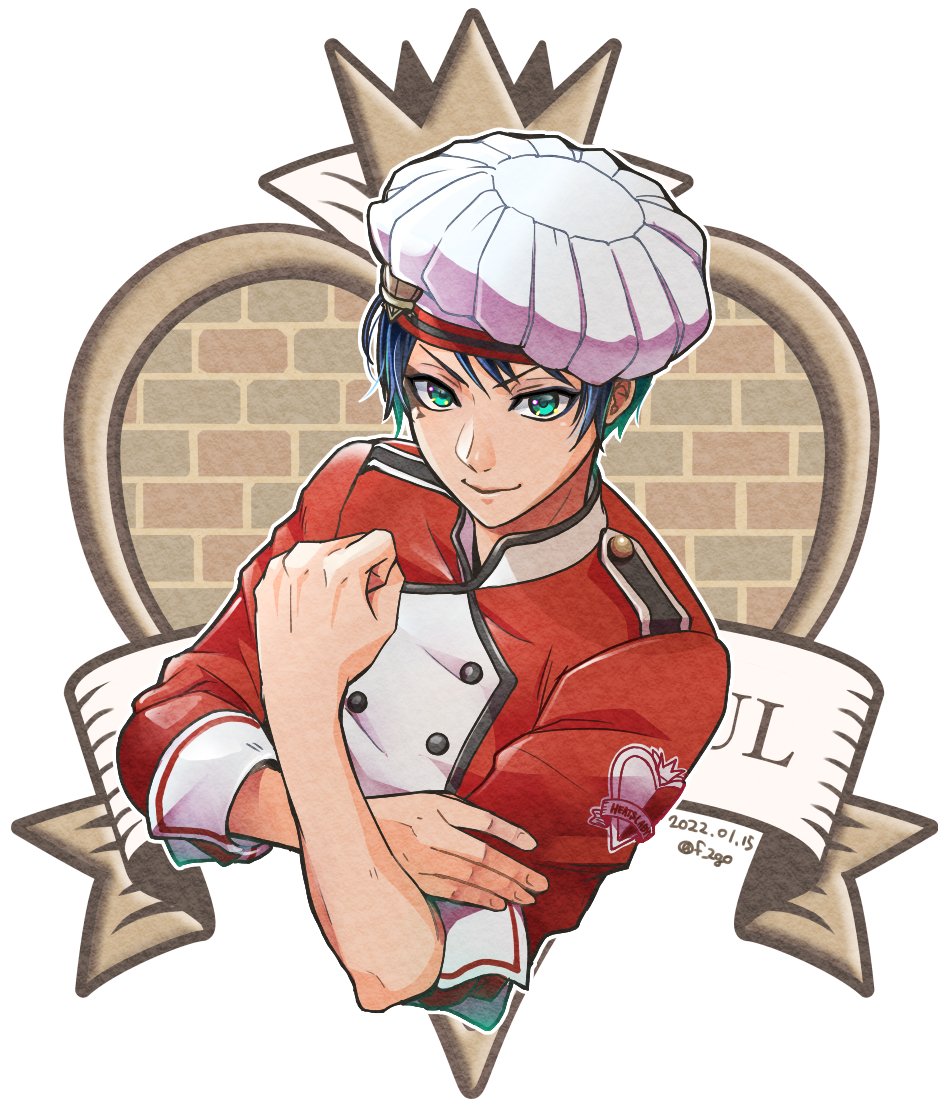 1boy solo male focus hat blue hair chef smile  illustration images