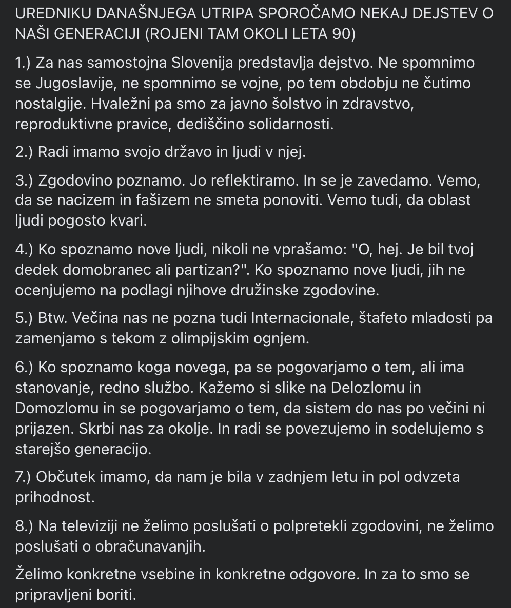 8Marec's tweet photo. Hej, Jože Možina.
V kampaniji nas ne zanima preteklost. Ne zanima nas tvoja interpretacija zgodovine. Ne bomo pojasnjevali naše. Mi hočemo prihodnost. #utrip #gremovolit https://t.co/RKKtebYcgG