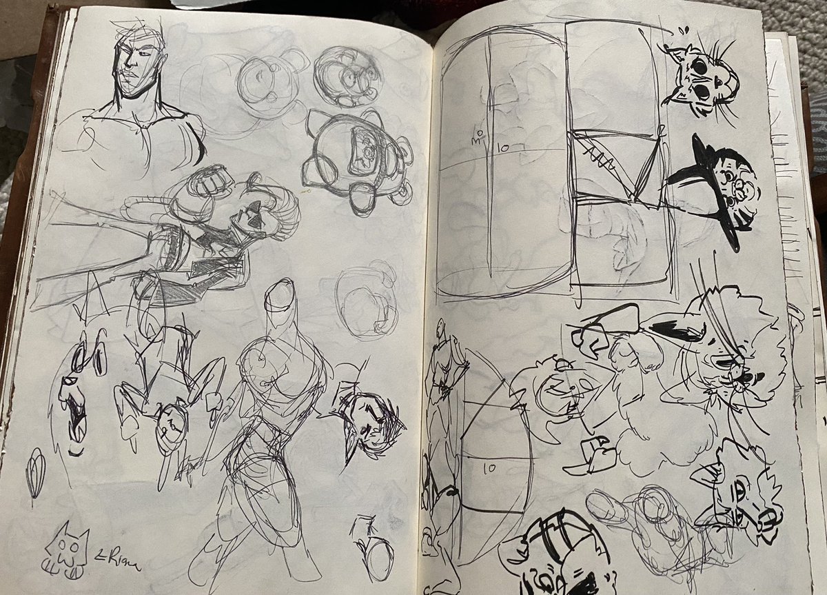 People worry about their sketchbooks looking professional but lemme tell you I've worked in animation for some 14 years, I've written and boarded for multibillion dollar franchises, I've directed for major networks, and like half the shit in my sketchbook looks like this;