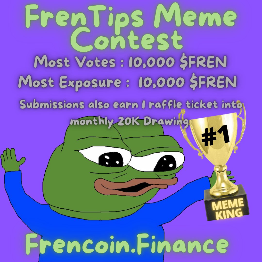 Today is the last day for this contest. 
🐸 All memes must include “FrenCoin.Finance” 
🐸 To be eligible to win “Most Exposure” please tag <a href="/_frencoin_/">FrenCoin Official</a> 
More details in TG 👉Join our Telegram here 🐸 t.me/frencoin2 #MemeContest #memecoin