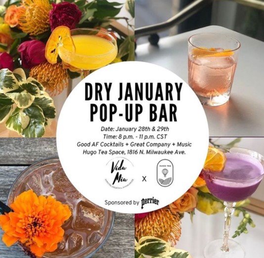 KitBarSupply's tweet photo. Event: Jan 28 &amp; 29 - Wicker Park
Dry January Pop Up Bar

Vida Mia Cocktails &amp; Hugo Tea Space will have a two day pop up bar featuring non-alcoholic drinks. Whatever your commitment to alcohol-free drinks you'll feel at home.
Tickets at https://t.co/DW2OY1B81I &amp; walk-ins welcome. https://t.co/zKwSCk12ci
