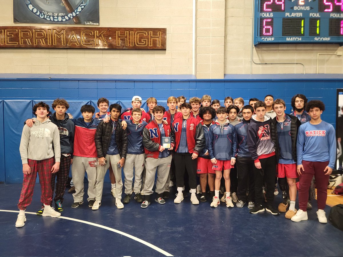 Natickcoach's tweet photo. Redhawks win the Merrimack Duals on criteria . Wins over Salem NH, Londonderry NH and Portsmouth NH. Loss to Monty Tech 35-34. @NatickAthletics https://t.co/cFfp4dkYqc