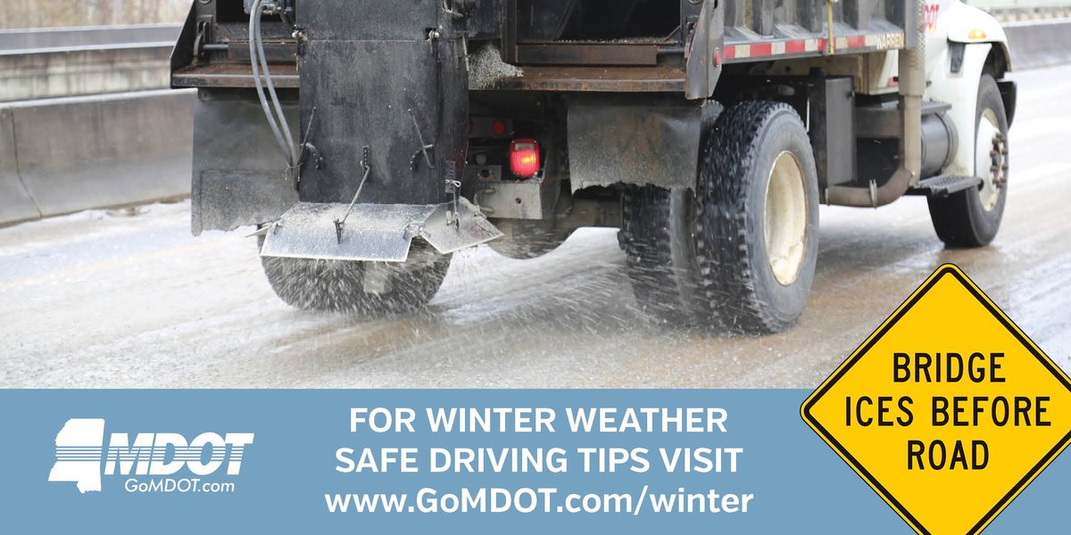 MississippiDOT's tweet photo. MDOT crews are preparing for potential winter weather conditions tomorrow in north Mississippi.

Here are a few winter weather driving tips: 

❄️Slow down
❄️Allow more space between vehicles
❄️Brake early and gently 
❄️Ditch distractions
❄️Stay alert https://t.co/qOnqdXz7Yc