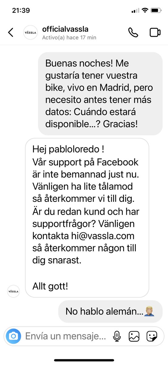 pabloloredo's tweet photo. @Vassla_official Uy, esto me preocupa…consigo que me respondáis por instagram automáticamente, y en Alemán? Uyss, y mira que me gusta vuestra Bike 🤦🏼‍♂️ https://t.co/apAuR7ucwO