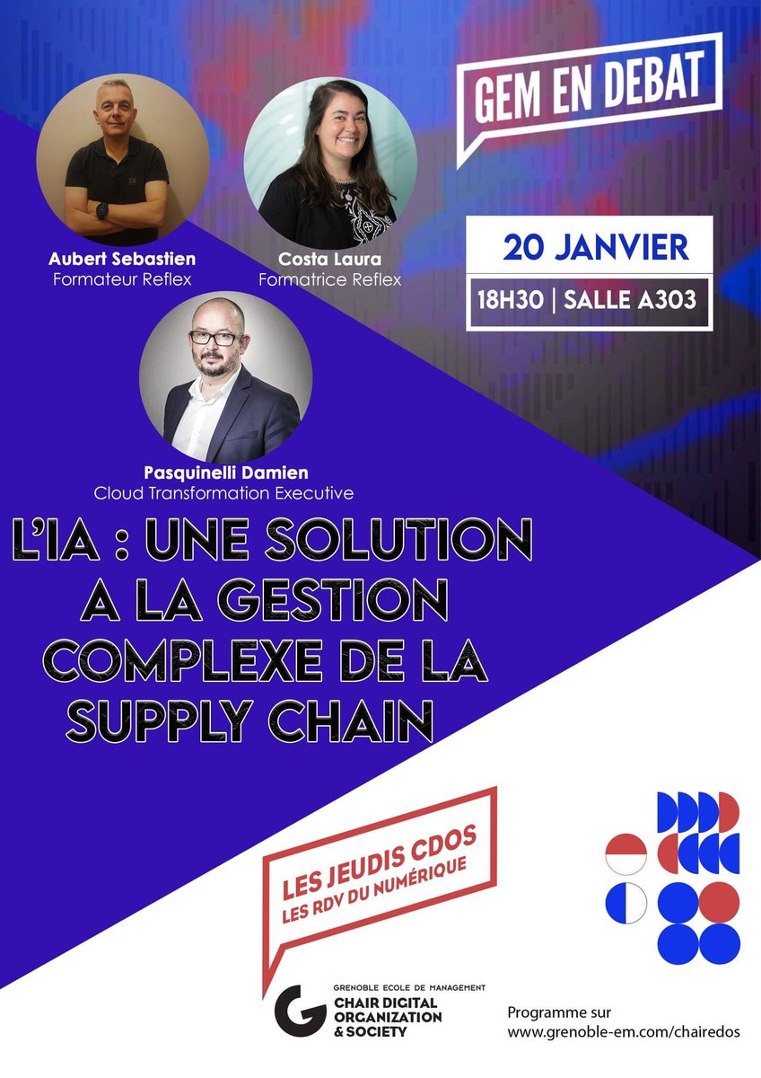 Une conférence sur le thème de l’IA dans le domaine de la supply chain.

Elle aura lieu le 20 janvier en salle A303 ou sur ce lien : grenoble-em.zoom.us/my/semarda303

Cette conférence sera animé par Sebastien Aubert, Laura Costa ainsi que Damien Pasquinelli.