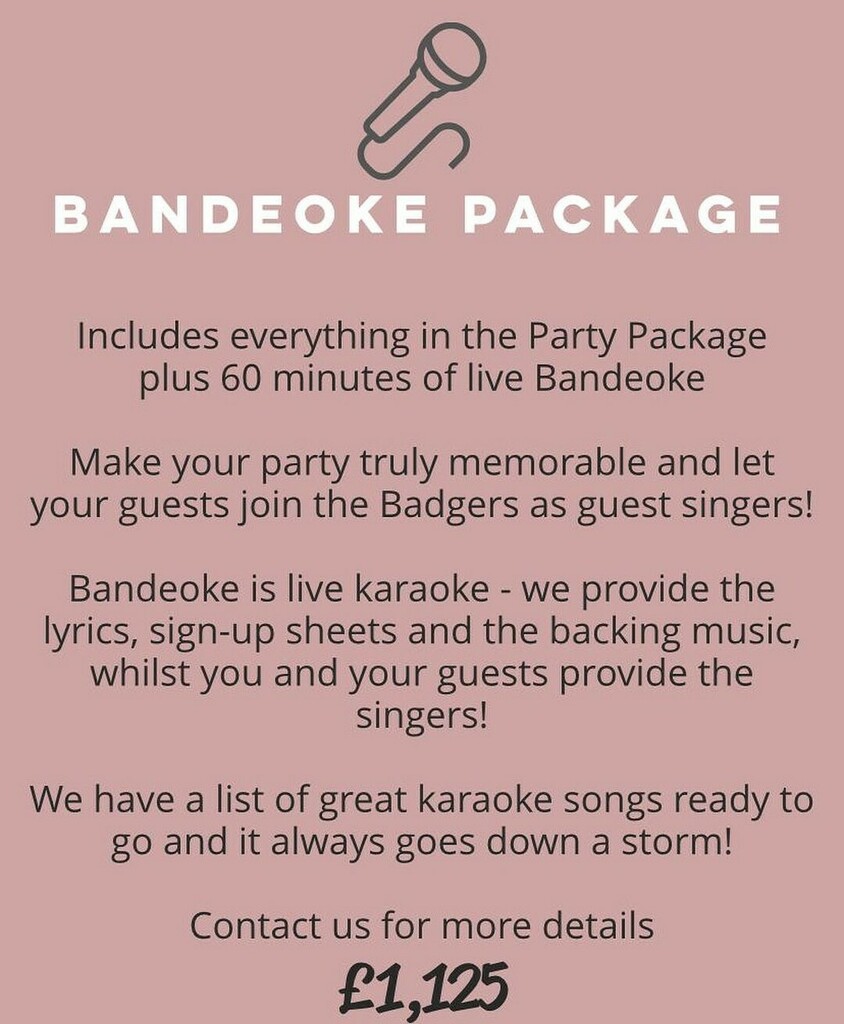 What did you think of our ‘Party Package’ from our previous post…? 👀

Next up we have our most popular package, our BANDEOKE PACKAGE 🎶🎸🎤🥁

Please get in touch if you have any questions! 

#partyparty #partymusic #eventband #bandmusic #partypackages #liveband #livemusic #…