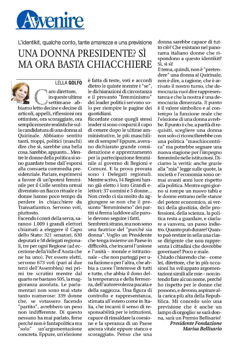 lellagolfo's tweet photo. Una donna Presidente della Repubblica? Sì ma ora basta chiacchiere. Il mio appello anche su @Avvenire_Nei di oggi.

#Quirinale https://t.co/Bjfqeb2cVZ