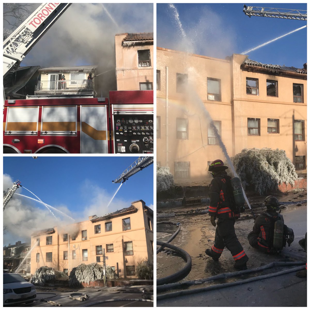 Multiple techniques in play, including numerous hand lines, elevating devices, and protecting exposure as ⁦<a href="/Toronto_Fire/">Toronto Fire Services 🇨🇦</a>⁩ crews continue to work at 828 Shaw Street in ⁦<a href="/cityoftoronto/">City of Toronto 🇨🇦</a>⁩ ⁦<a href="/TPFFA/">Toronto Firefighters</a>⁩