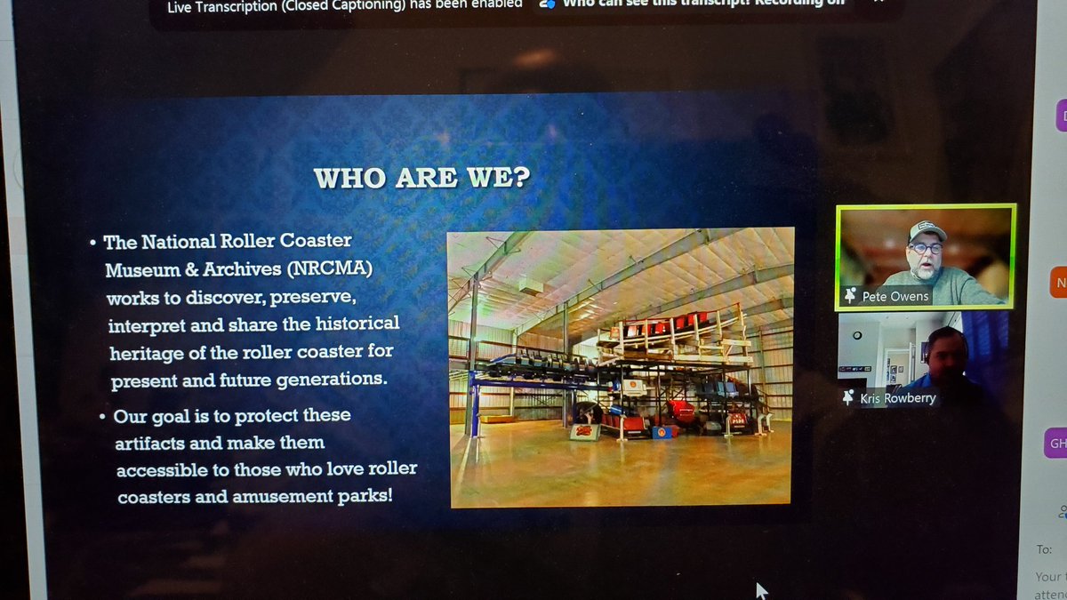 aceonlineorg's tweet photo. Pete Owens of @Dollywood and Kris Rowberry of @RideEnt give @ACEEasternGL Vitual #NoCoasterCon attendees an update of @coastermuseum!  #RideWithACE #PreservationCounts https://t.co/6nfqckFeZB