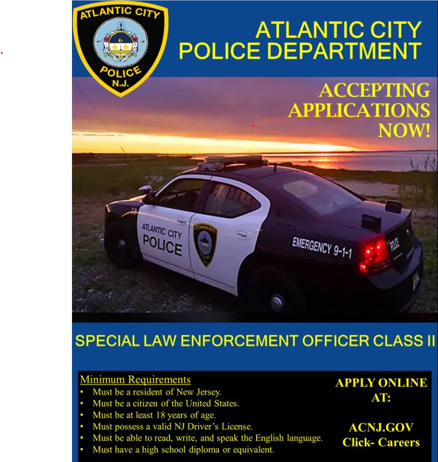 AtlanticCityPD's tweet photo. The Atlantic City Police Department is now accepting applications for certified and non-certified positions of Special Law Enforcement Officer, Class II. 
If interested, please click https://t.co/C9xXkkyOr1 or https://t.co/IKQ7QBVXXJ to apply. 
@AtlanticCityGov @NJPBA24 https://t.co/L8vAGtPmMP