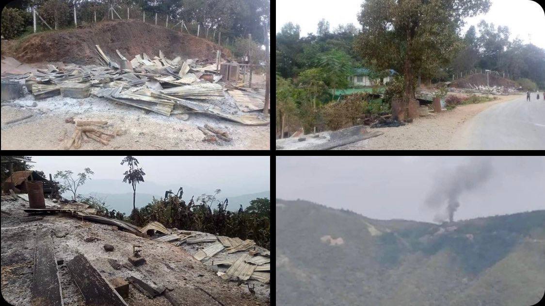 maythuralin's tweet photo. Scenes of Theizang village, Tedim Tsp after SAC troops burning down 5 houses &amp; 3 belongings to villagers &amp; 2 civil-servant housing on Jan 13. #NoFlyZoneInMyanmar #2022Jan16Coup #WhatsHappeningInMyanmar https://t.co/YNl9ACjKuw