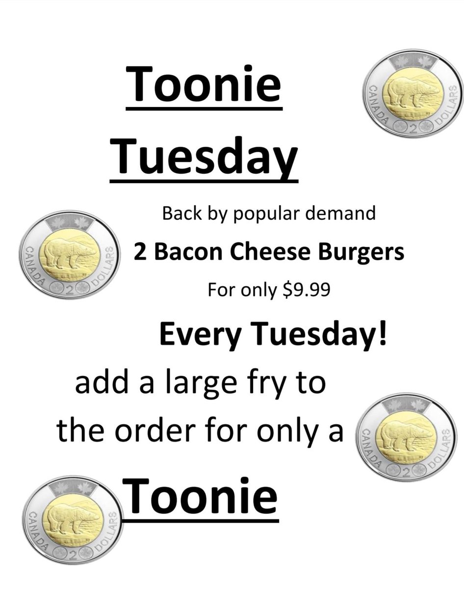 BurgerWorldNB's tweet photo. #eatlocal #warpdeliveries #skipthedishes #takeoutspecial
During this recent shutdown we will be offering this Toonie Tuesday special 7 days of week. Until further notice
TAKE ADVANTAGE OF THIS SMOKING HOT DEAL!!!! https://t.co/bZSaKfEYGJ