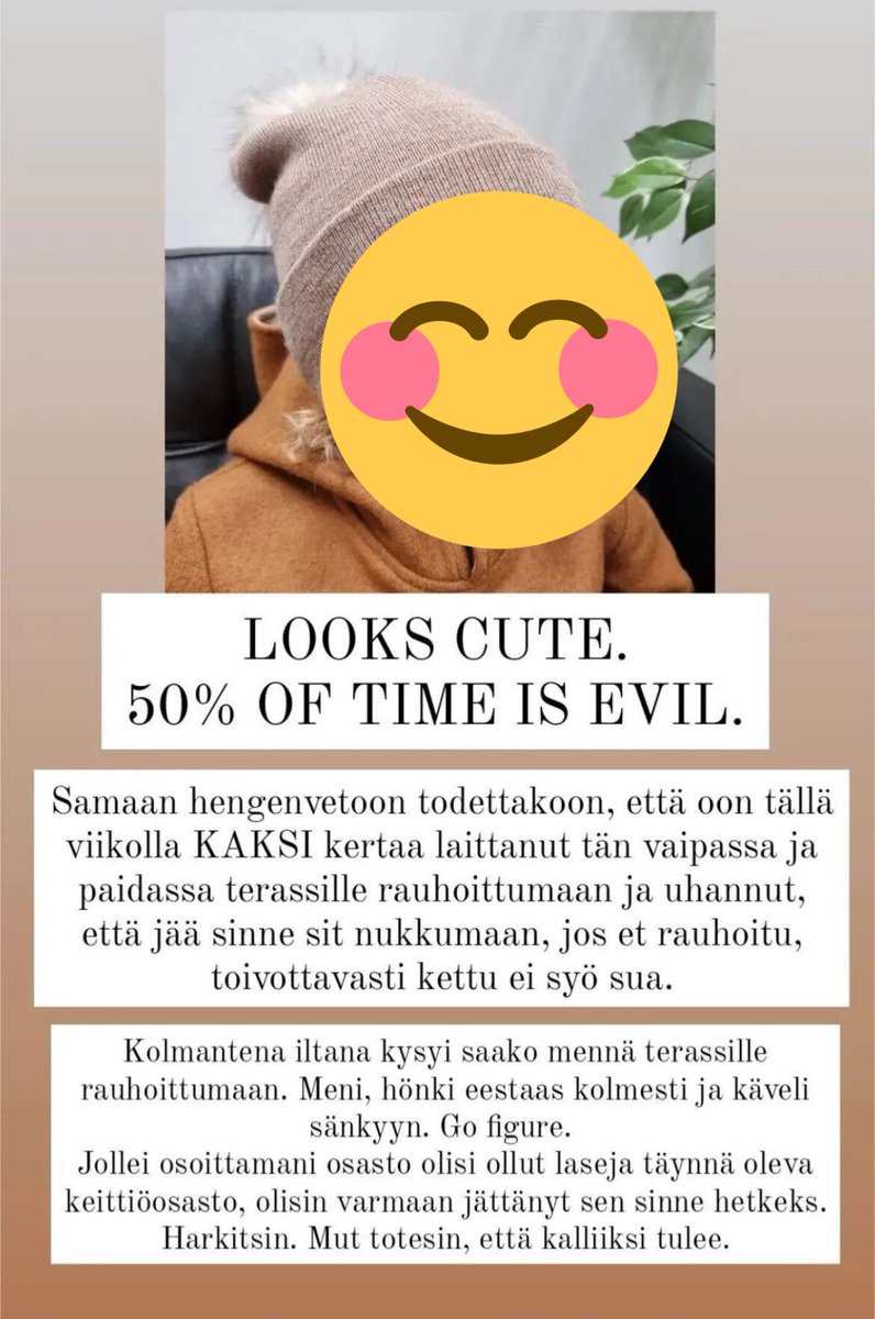pohjoistuulesta's tweet photo. Somevaikuttaja kertoo kuinka on laittanut 2-vuotiaan terassille (pakkaseen) rauhottumaan vaippasilteen. Uhkaa myös, että jättää sinne nukkumaan ja kettu tulee ja syö. 

Sen seuraajat ei nää tässä mitään pahaa. Mitä vittua? https://t.co/e3G8fAOEwx