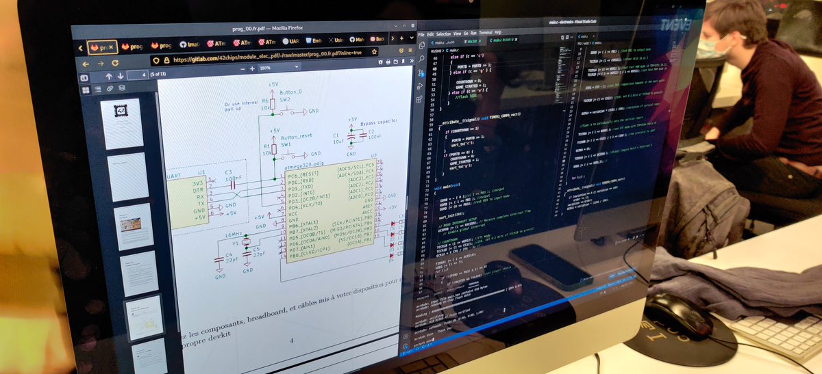 42chips's tweet photo. Weekend de rush de travaux pratiques du projet Électronique à @42born2code !
Les étudiants découvrent la communication entre plusieurs microcontrôleurs, par le biais d'un mini-jeu de rapidité (le plus rapide à cliquer à la fin du timer gagne !) https://t.co/Caf5FSboQh