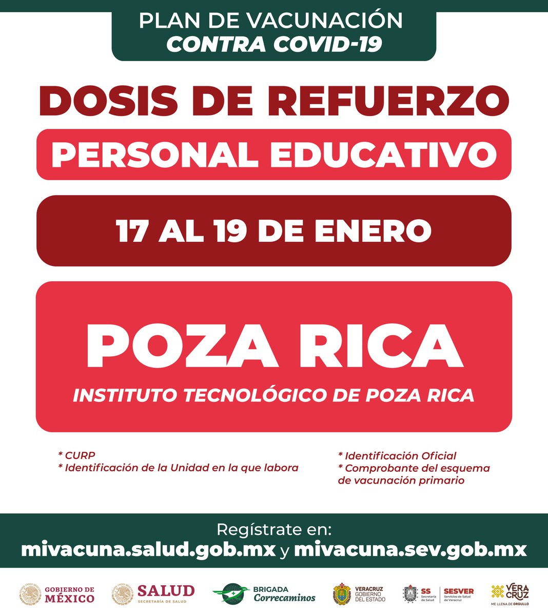 GobiernoVer's tweet photo. 🔴¡Atención!🔴

📅 Recuerda que a partir de este lunes 17 de enero se estará aplicando la dosis de refuerzo para el personal educativo.

📃 Consulta las sedes aquí.
💻 Regístrate en ➡️ https://t.co/Y7JHB2KCWd y en https://t.co/7CHxUja65R. https://t.co/ypxaQ938Fv