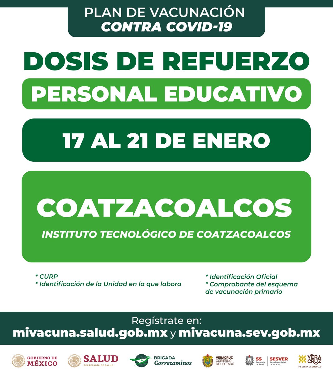 GobiernoVer's tweet photo. 🔴¡Atención!🔴

📅 Recuerda que a partir de este lunes 17 de enero se estará aplicando la dosis de refuerzo para el personal educativo.

📃 Consulta las sedes aquí.
💻 Regístrate en ➡️ https://t.co/Y7JHB2KCWd y en https://t.co/7CHxUja65R. https://t.co/ypxaQ938Fv