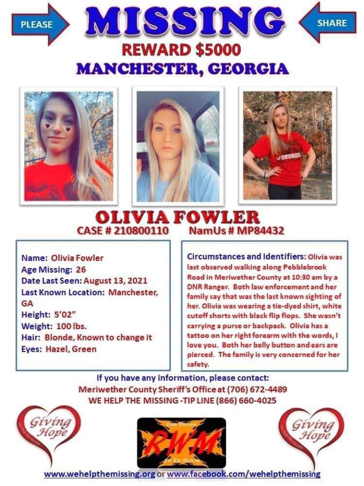 GabbsJustice's tweet photo. Please help us #BringOliviaHome! 

#OliviaFowler has been #MISSING from Manchester, #Georgia since 8/13/21. 

If you have any information regarding her whereabouts please contact Meriwether County Sheriff’s Office: (706) 672-6675. 

#REWARD: $5,000

@OliviasArmy26 https://t.co/SGl1pVjnL2