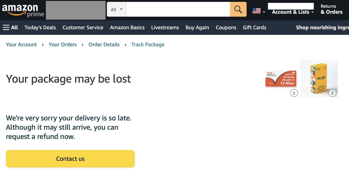 gpy's tweet image. Thank you @amazon to have lost our 8 rapid antigen tests for #COVID19 after 4d delays and 7d waiting with a shipment and courier by amazon. After 3 levels, 1 supervisor and 1hr call, d refund is the minimum, not a courtesy you made us #ThisIsThePostBezosAmazon @JeffBezos