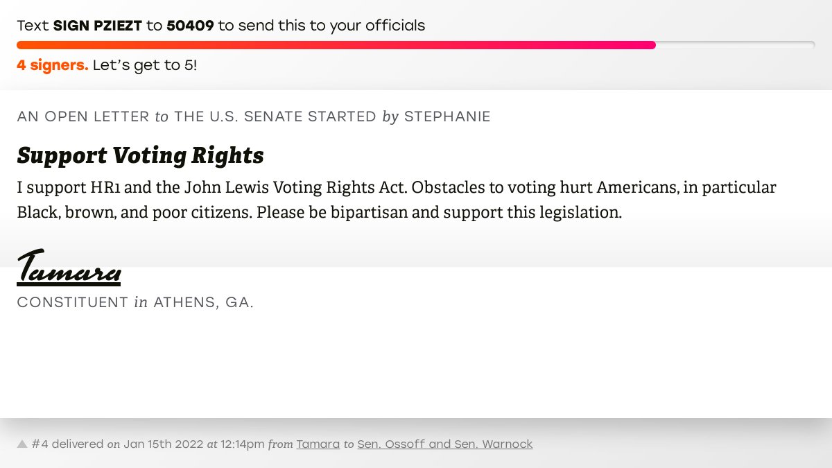 🖋 Sign “Support Voting Rights” and I’ll deliver a copy to your officials: x.com/messages/compo…

📨 No. 4 is from Tamara to <a href="/SenOssoff/">Ossoff's Office</a> and <a href="/SenatorWarnock/">Senator Reverend Raphael Warnock</a> #GA10 #GApol #HR1
