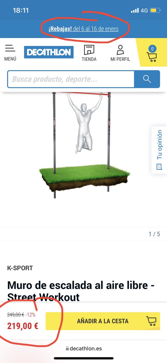 xpotrader's tweet photo. Rebajas en @DecathlonES :

Como es posible que antes de Navidad me comprase un Muro de escalada al aire libre - Street Workout x 156€ siendo su precio original 195€ y hoy en rebajas lo tengan a 219€ alegando precio original 249€

Podría @consumidores hacer algo al respecto? https://t.co/Fk40Kg89Vd
