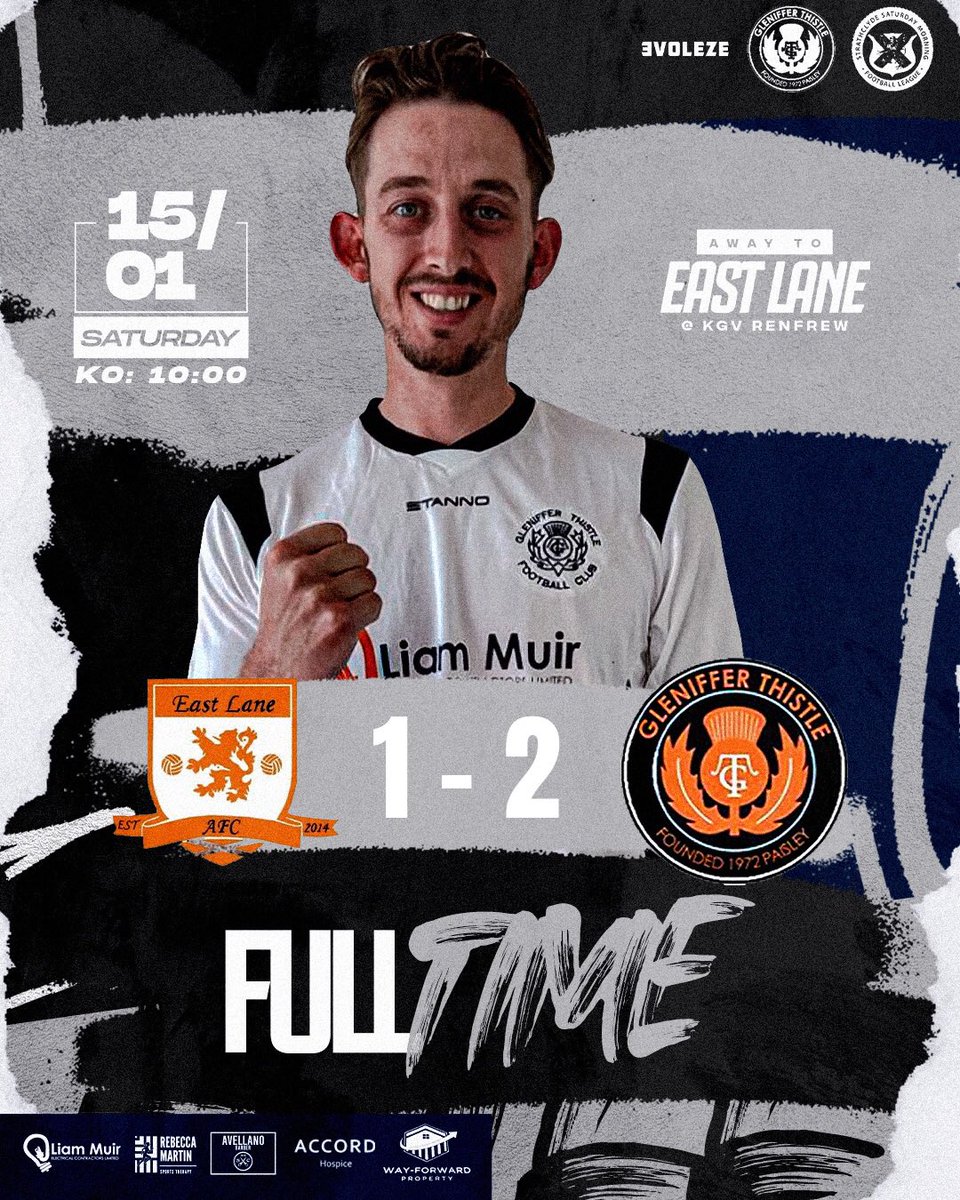 GlenifferT_AFC's tweet photo. Full Time

East Lane 1 — 2 Gleniffer Thistle 

Goalscorer’s 
⚽️ @ConorHiggins (78 mins) 
🅰️ @stumac07 
⚽️ @HeresssJonny (89 mins) 
🅰️ @CraigyMillar02 

MOM - @stumac07 

First game of 2022 and it was a story of two half’s. Tough game but great to get the 3pts.

🧡🖤⚽️ https://t.co/uOx4Y1bohO