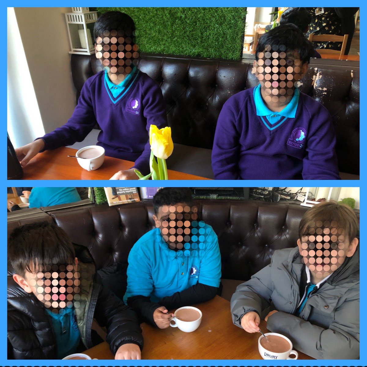 MissKyrk's tweet photo. Congratulations to the Dec Above & Beyond Out & About students - lovely crisp winter day to enjoy hot choc at our local cafe & celebrate these wonderful young people. Plus 1 take away for a winner who didnโt want to miss PE! @school21_uk #excellence @pauldixtweets #hotchocfridays https://t.co/S228UIopMA