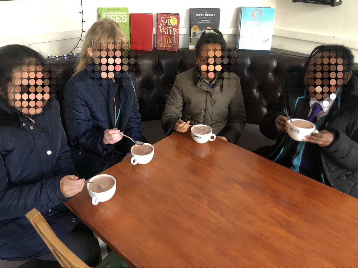 MissKyrk's tweet photo. Congratulations to the Dec Above & Beyond Out & About students - lovely crisp winter day to enjoy hot choc at our local cafe & celebrate these wonderful young people. Plus 1 take away for a winner who didnโt want to miss PE! @school21_uk #excellence @pauldixtweets #hotchocfridays https://t.co/S228UIopMA