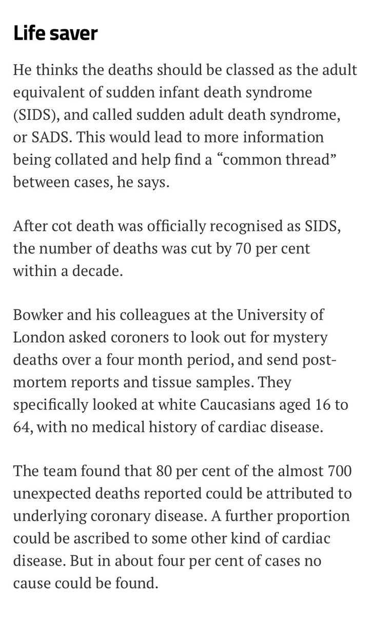 SixandLaura's tweet image. Adult "cot death" may explain mystery fatalities 

New Scientist 
March 28, 2003 
By Shaoni Bhattacharya

• Sudden Adult Death Syndrome 

#mystery_illness #SADS #historical_precedent #causality 
newscientist.com/article/dn3564…