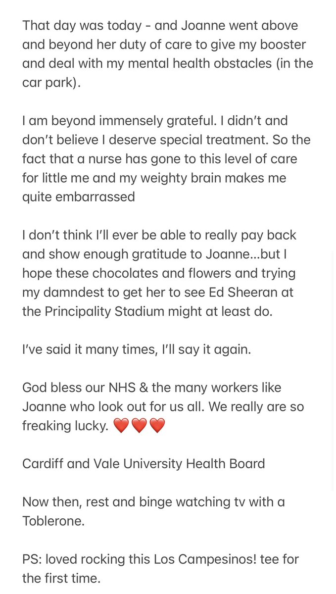 WELL, THATS ME BOOSTED ⚡️💉⚡️💉⚡️💉

The NHS are heroes. Plain &amp; simple. They’re working tirelessly to make sure we’re all protected and safe…&amp; I’m beyond grateful for that alone.

(Worth a read on how incredible <a href="/CV_UHB/">Cardiff and Vale University Health Board</a> workers really are tho) 👇

Cc: <a href="/LosCampesinos/">Los Campesinos!</a> <a href="/edsheeran/">Ed Sheeran HQ</a>