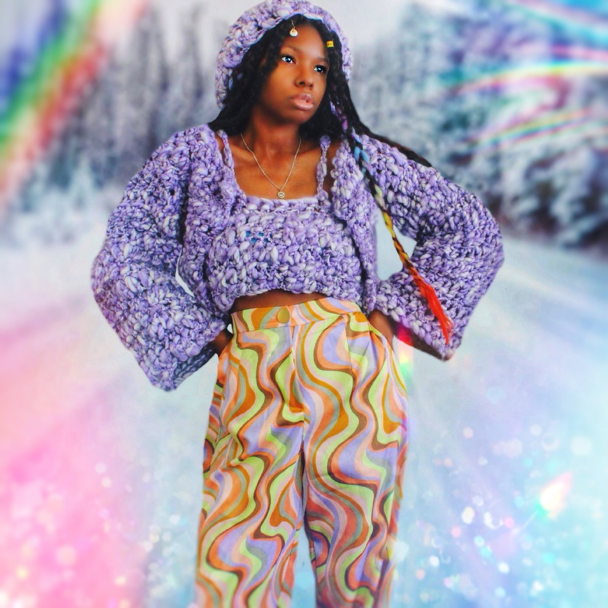 DreamCrochet's tweet photo. 🧶💫inspired by these pants + the yarn, ended up creating this textured crochet set (cardigan, cropped tank top &amp; hat) ✨🧶 https://t.co/KK9WKrtZgc