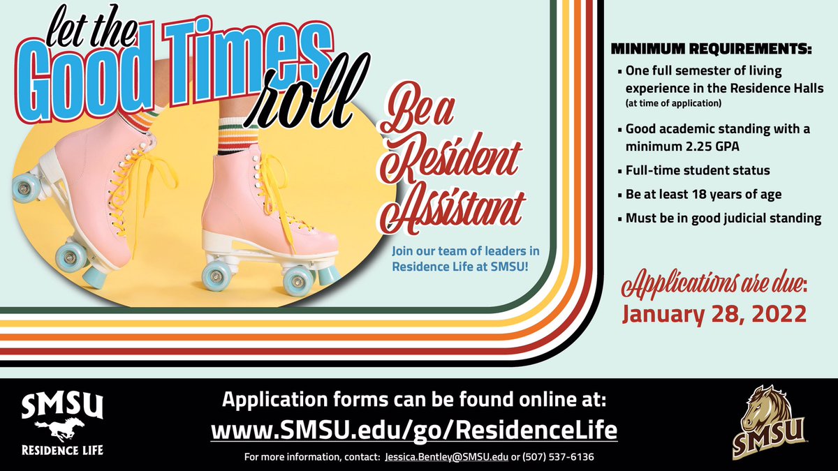 Interested in joining our Residence Life team for 2022-2023?

Being a Resident Assistant is an experience you will never forget! 

Applications can be found online at:
smsu.edu/campuslife/res…

Applications due by noon on Friday, January 28, 2022! 
#smsu #applytobeaRA #LiveLifeOn