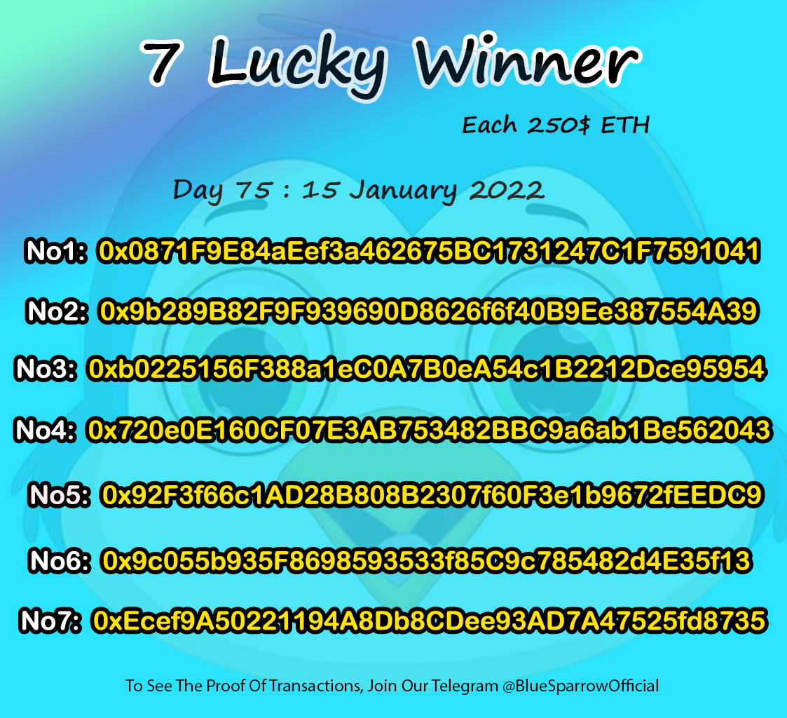 💥Day 75 Draw - 7 Lucky Winners💥

#ETH #BlueSparrow #BlueSparrowtoken #BlueSparrowCommunity #Draw #BestDrawToken