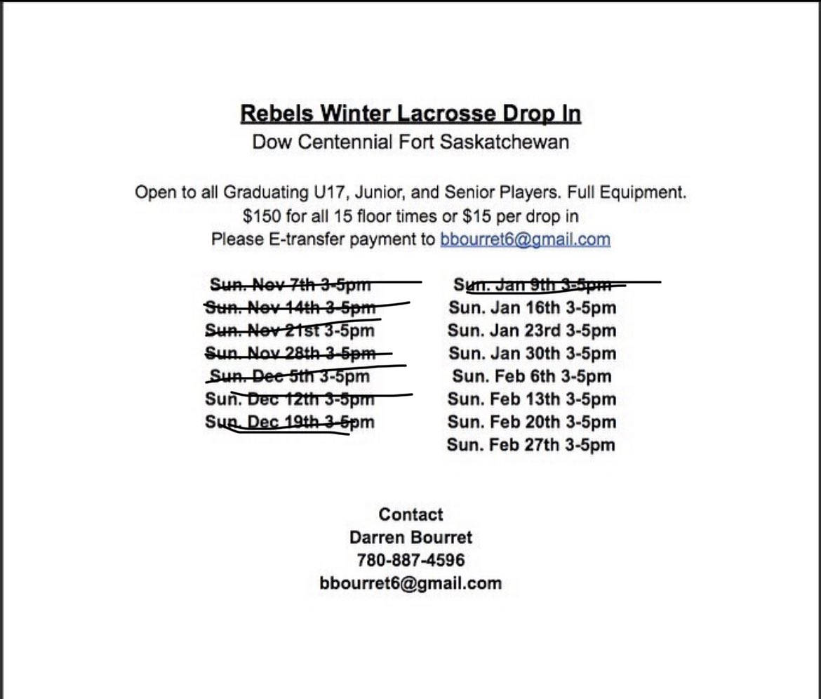 DROP IN: tomorrow 3-5pm at the Dow,  

<a href="/GELC_Lax/">GELC_LAX</a> <a href="/rmllsrb/">Alberta Series Lacrosse Commish</a> <a href="/RMLaxL/">RMLL</a> <a href="/CrudeLax/">Crude Lacrosse Club</a>