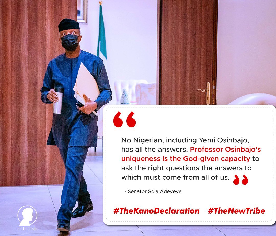 BelloShehuT's tweet photo. No Nigerian, including Yemi Osinbajo, has all the answers. Professor Osinbajo's uniqueness is the God-given capacity to ask the right questions the answers to which must come from all of us.
#TheKanoDeclaration #TheNewTribe https://t.co/NjO0LZnpw4