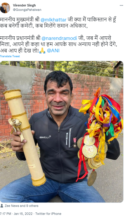 ANI's tweet photo. Padma Shri awardee, speech and hearing impaired wrestler Virender Singh reiterated his demand to Chief Minister Manohar Lal Khattar to recognise the state's deaf sportspersons, like him, as para-athletes. https://t.co/SFQIhwc7af